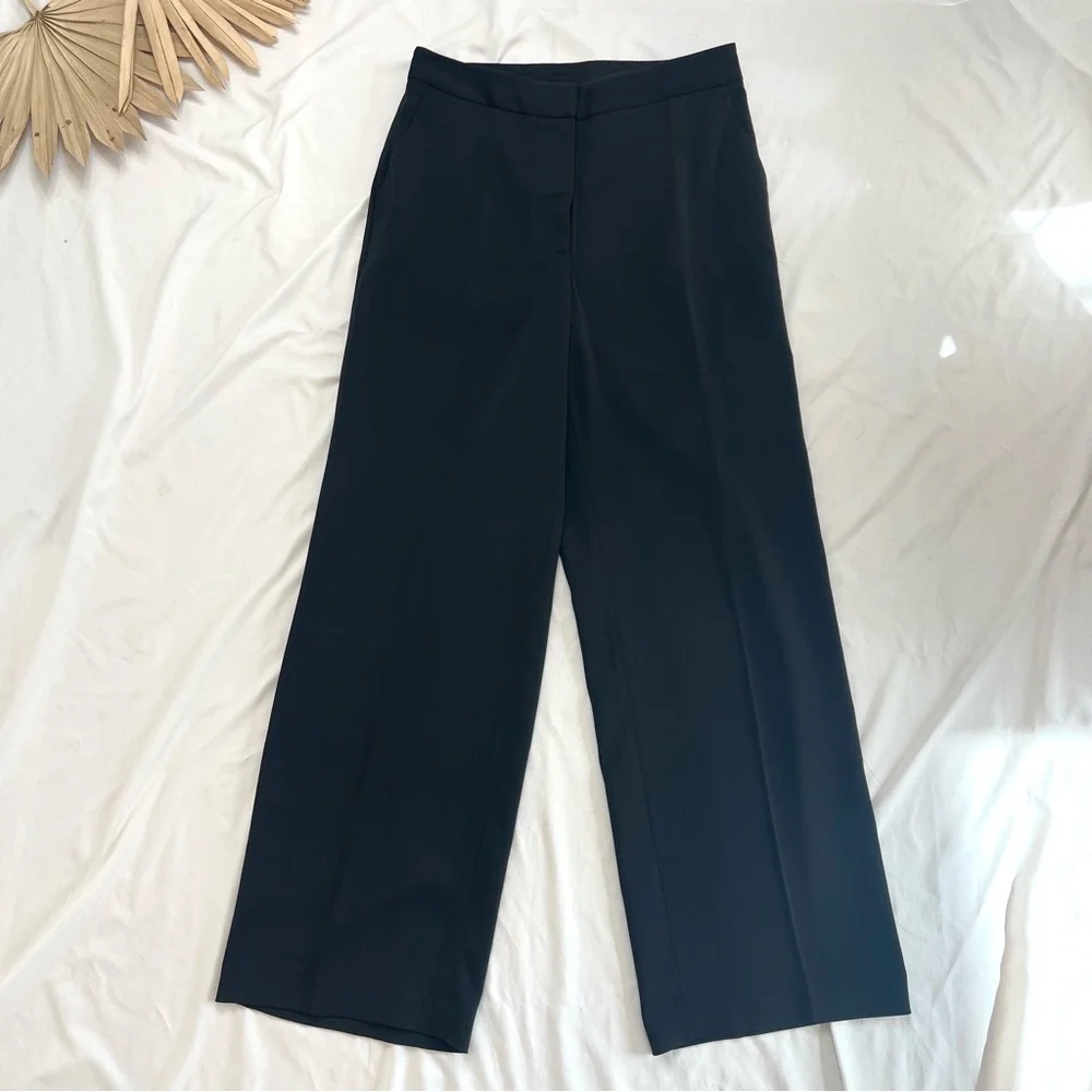Quince Stretch Crepe Black Classic Wide Leg Trousers Business Pleated Pants 14